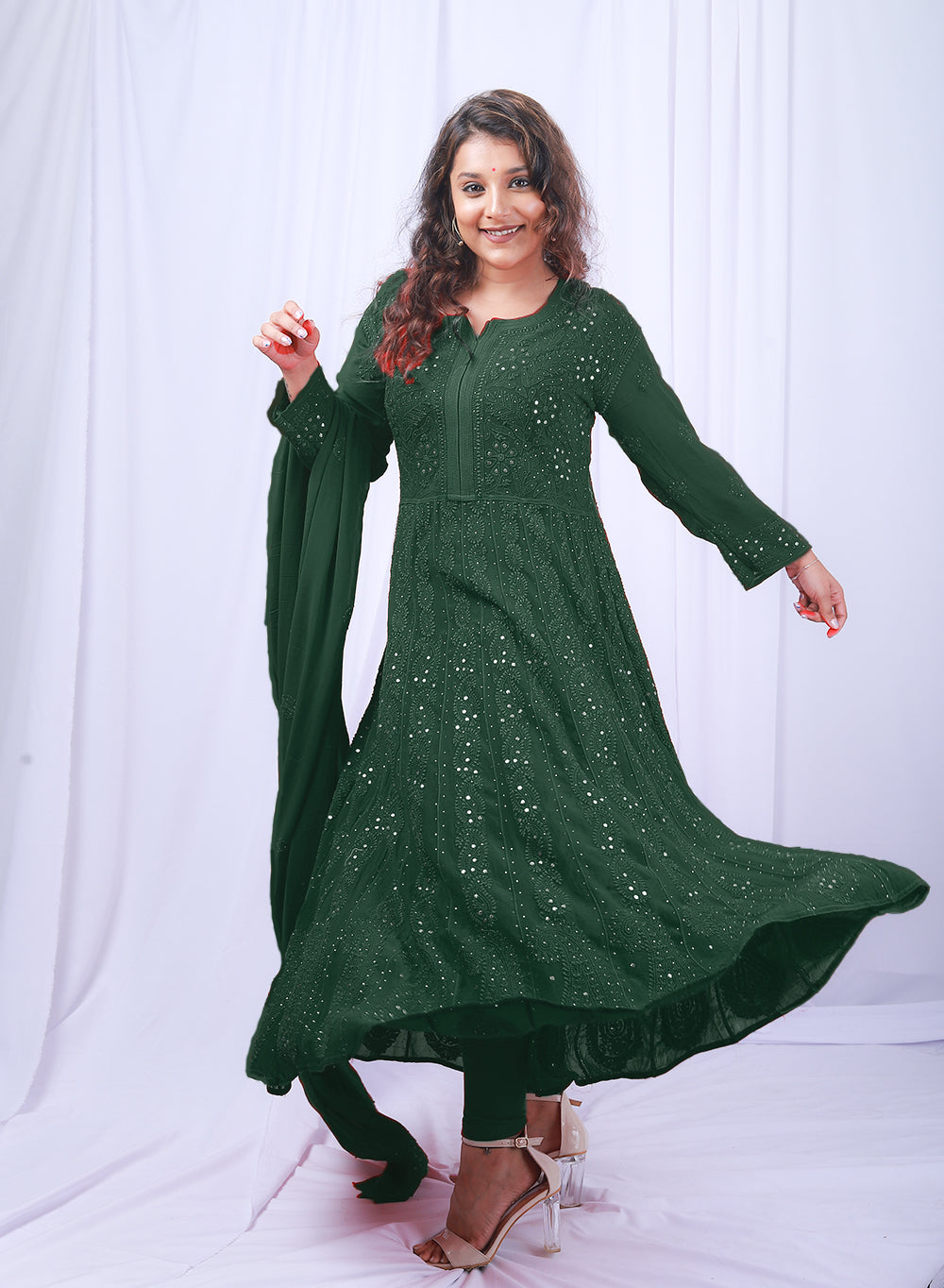 Ishq - Bottle Green Viscose Anarkali & Dupatta Chikankari Set
