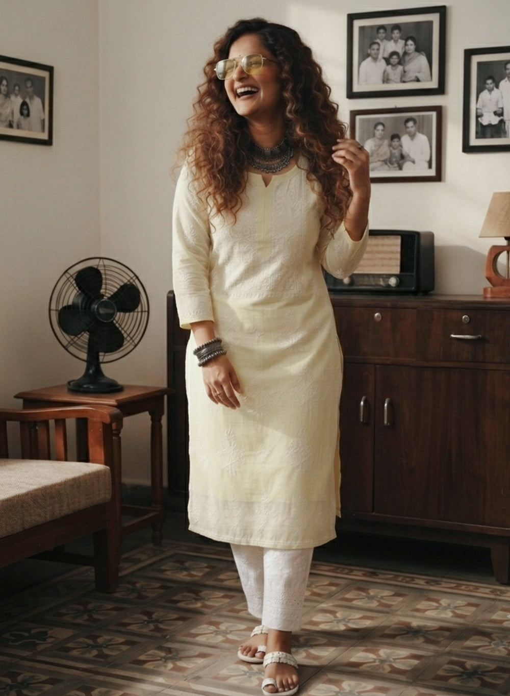 Suhani Lime Yellow - Anjuman Mul Chanderi Chikankari Kurta With Katdana Work