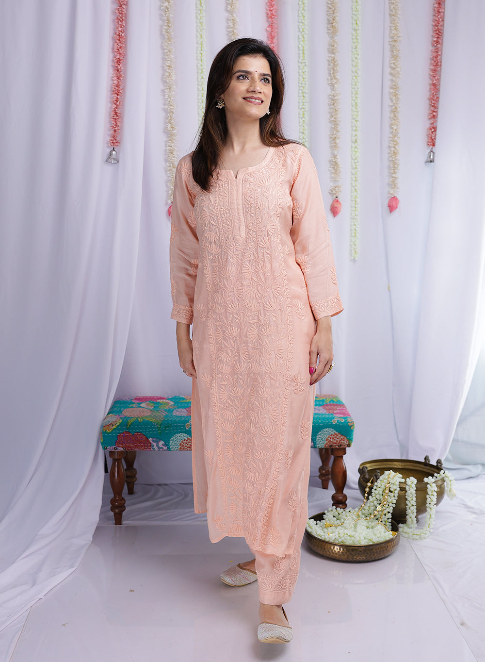 Saroj Peach - Muslin Nargis Chikankari Set