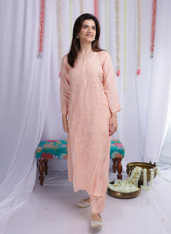 Saroj Peach - Muslin Nargis Chikankari Set