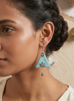 Turquoise Hand Embroidered and Handcrafted Fabric Triangle Earrings with Mirror & Ghungroo Detailing