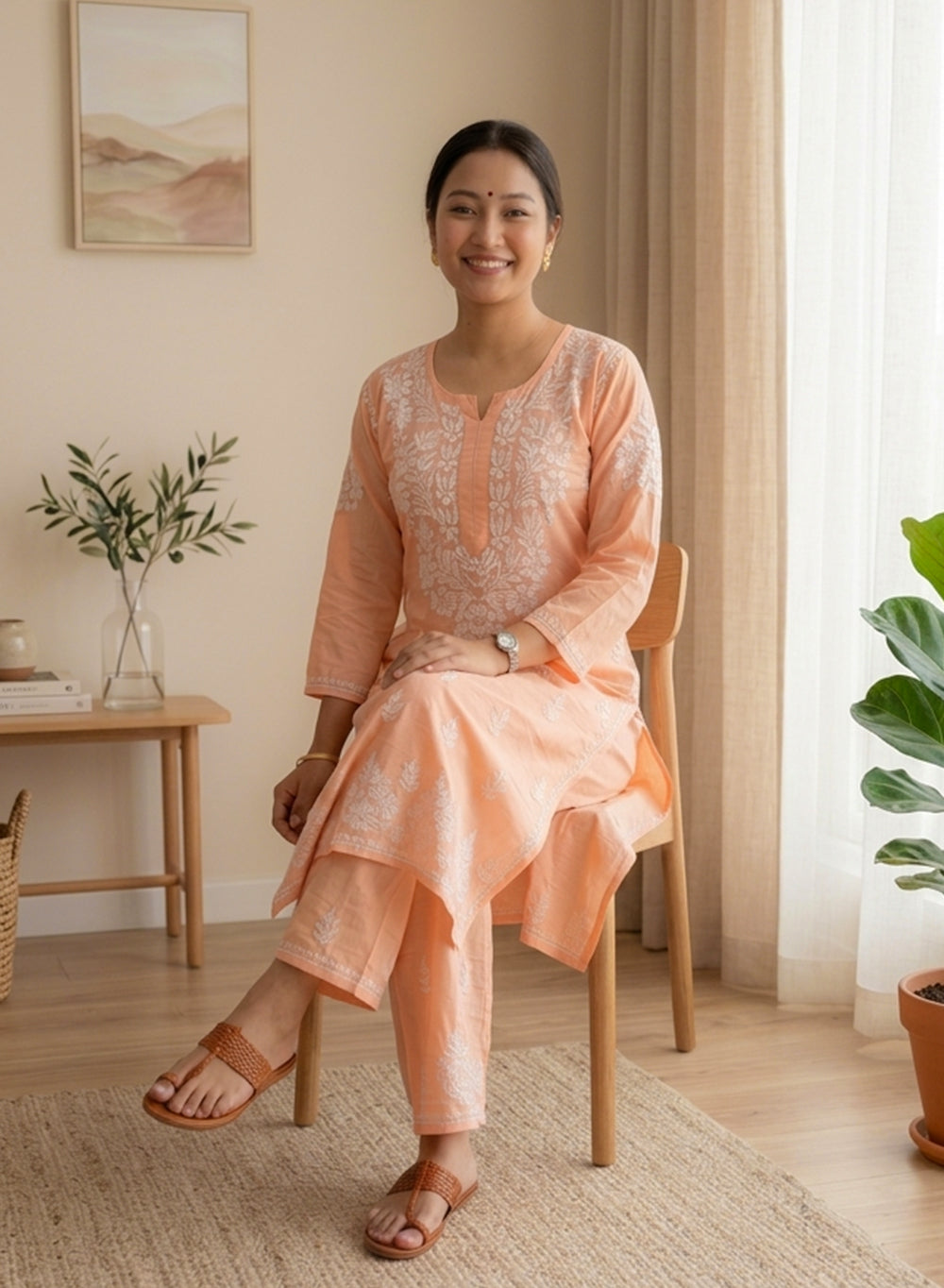 Peach - Modal Nargis Chikankari Co-ords Set With White Thread Embroidery