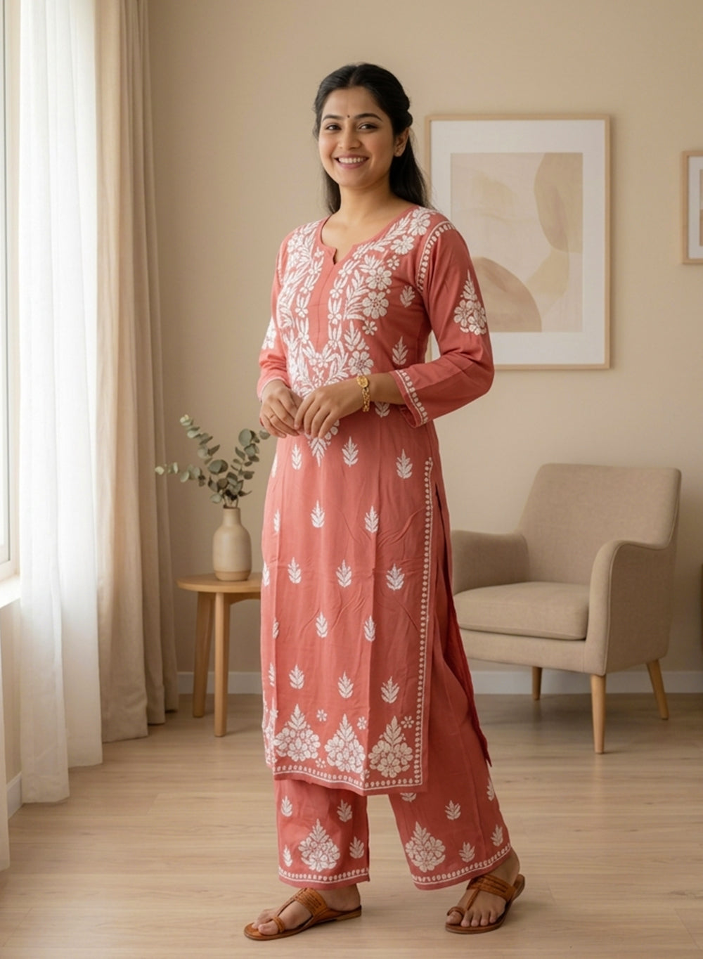 Brick - Modal Nargis Chikankari Co-ords Set With White Thread Embroidery