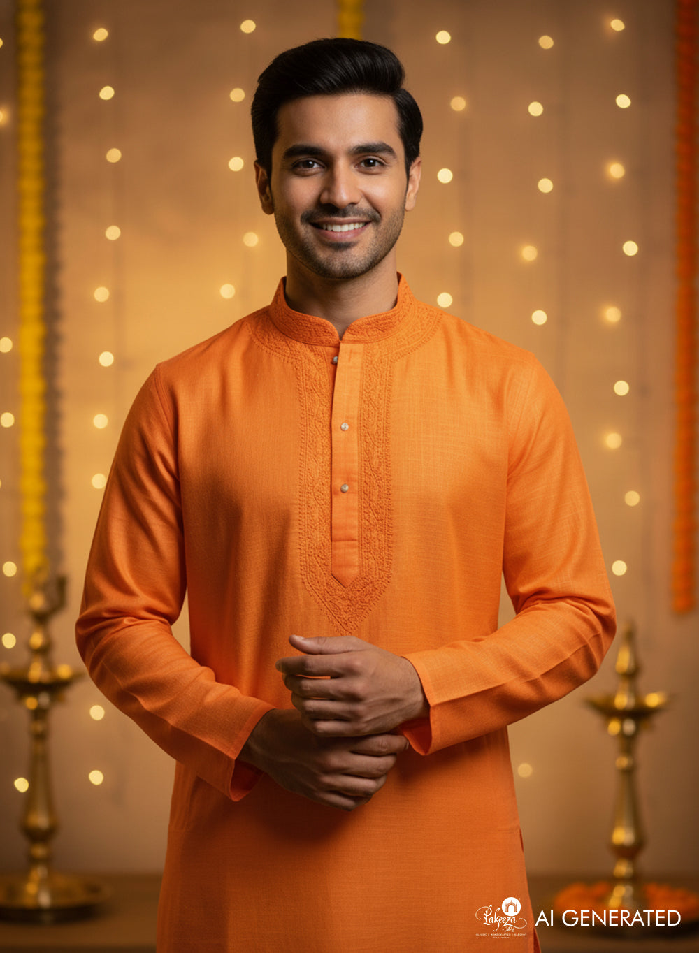 Orange - Nawab Cotton Chikankari Men Long Kurta
