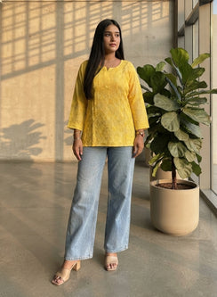 Yellow - Gulshan Muslin Shadow Work Chikankari Short Top