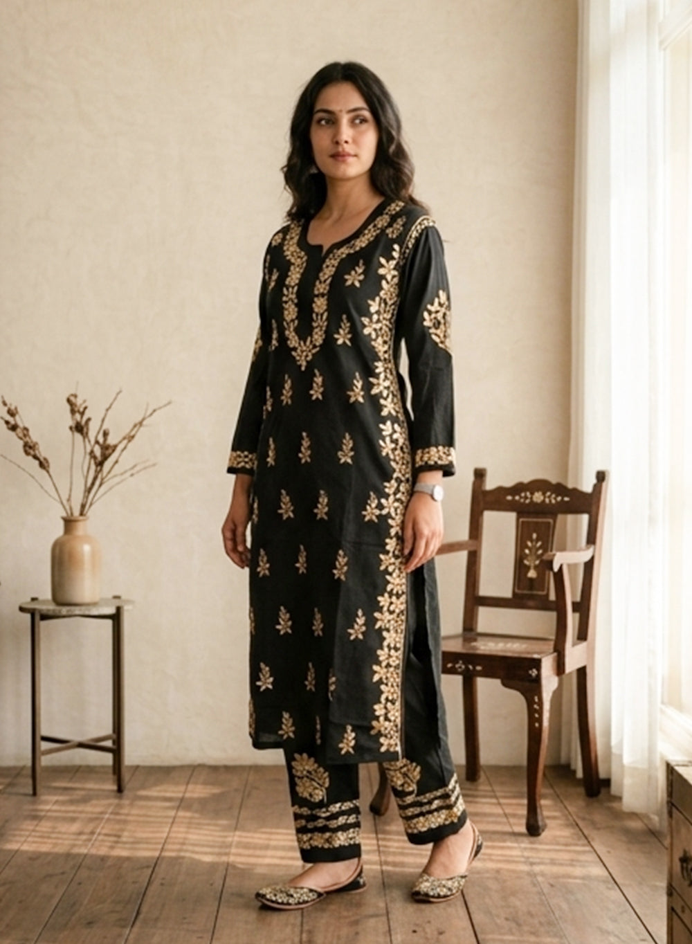 Sham - Pure Cotton Nargis Chikankari Co-ords Set With Yellow Ombre Thread Embroidery