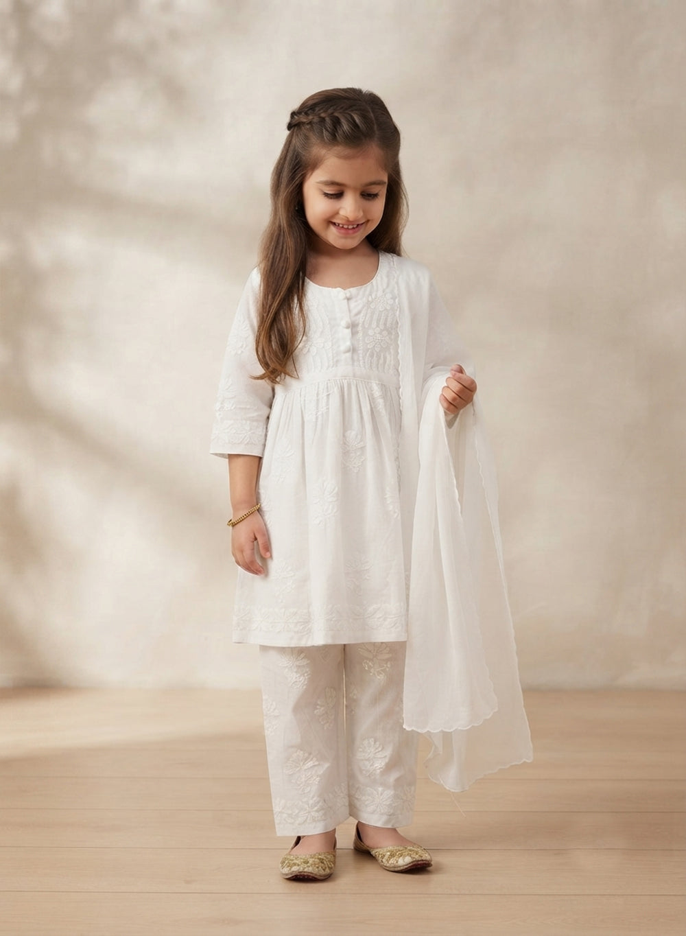 Noor White Rayon - Chikankari Nanhe Farishtey Girls Kidswear Set