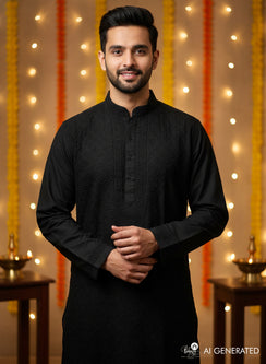 Black Front Jaal - Nawab Cotton Men Chikankari Long Kurta