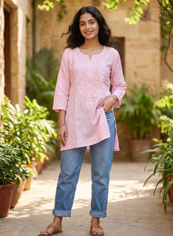 Peach Pink - Gulshan Linen Cotton Double Layered Chikankari Short Top