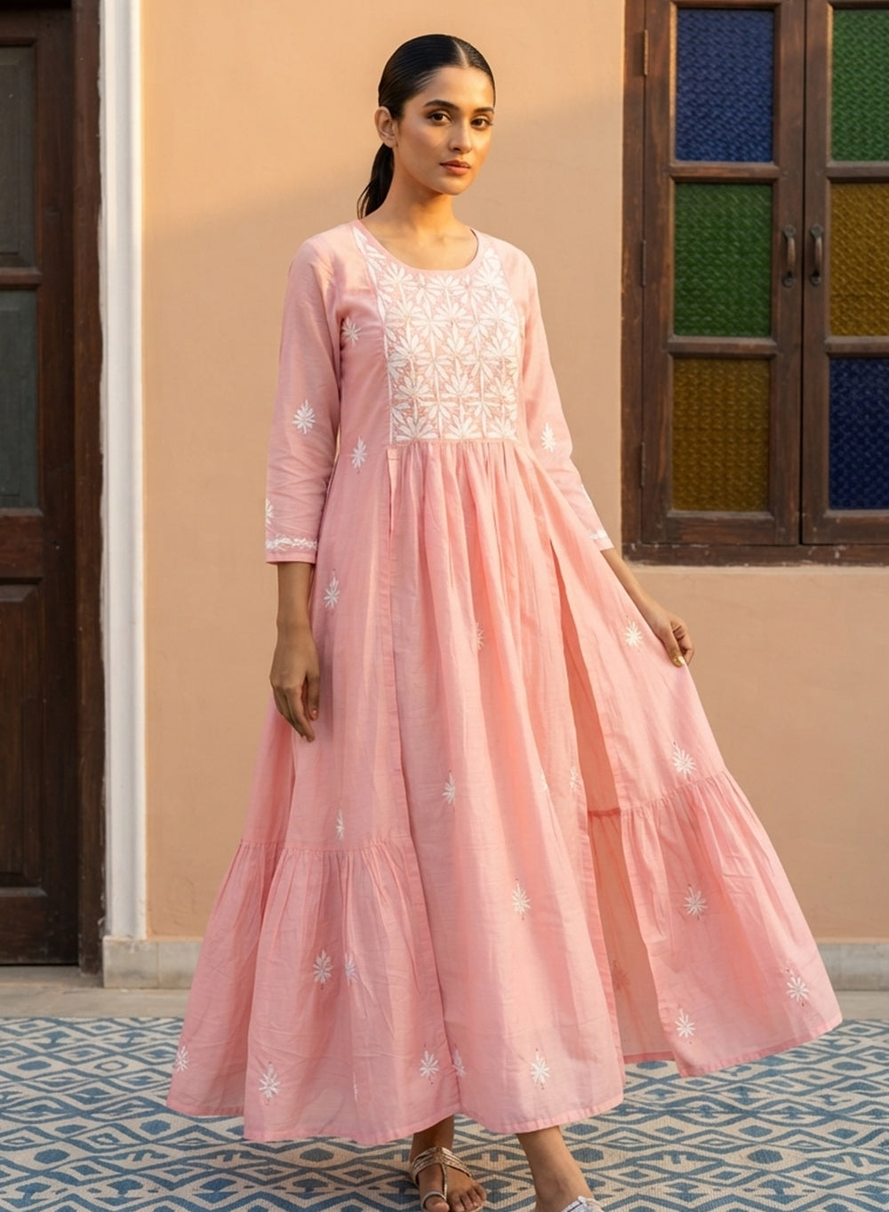 Peach Pink – Aarzoo Double-Layered Cotton Chanderi Chikankari Dress