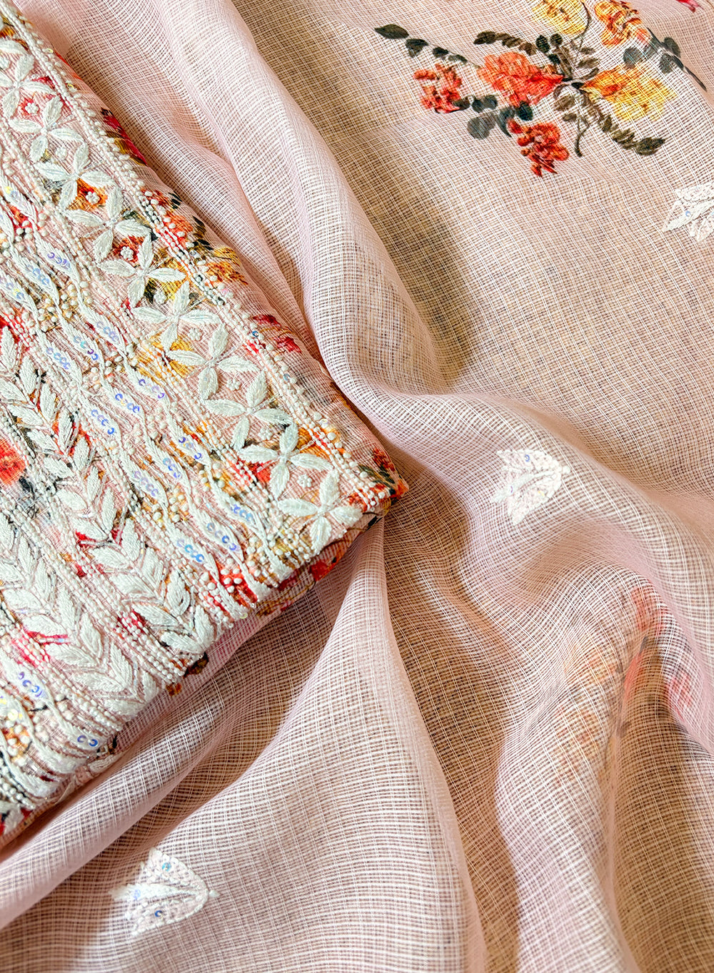 Orange Floral - Nayaab Katdana Kota Printed Chikankari Full Dress Set