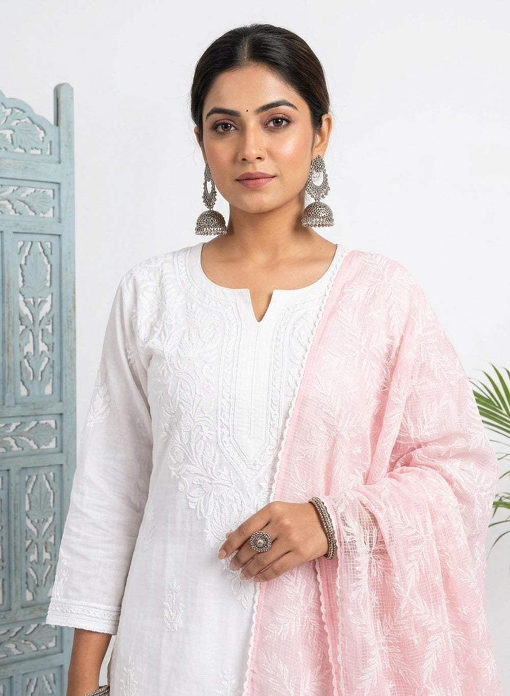 Baby Pink - Nazm Kota Cotton Chikankari Dupatta With White Thread Embroidery