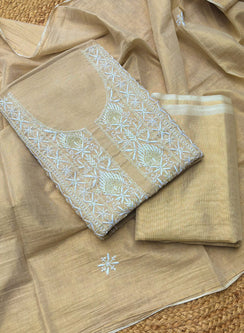 Golden - Nayaab Mul Chanderi Chikankari Dress Material With Moti & Katdana Work