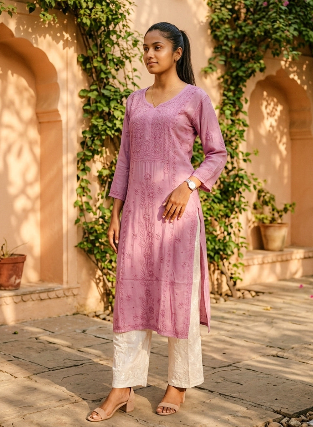 Mauve -  Anjuman Muslin Chikankari Kurta With Katdana