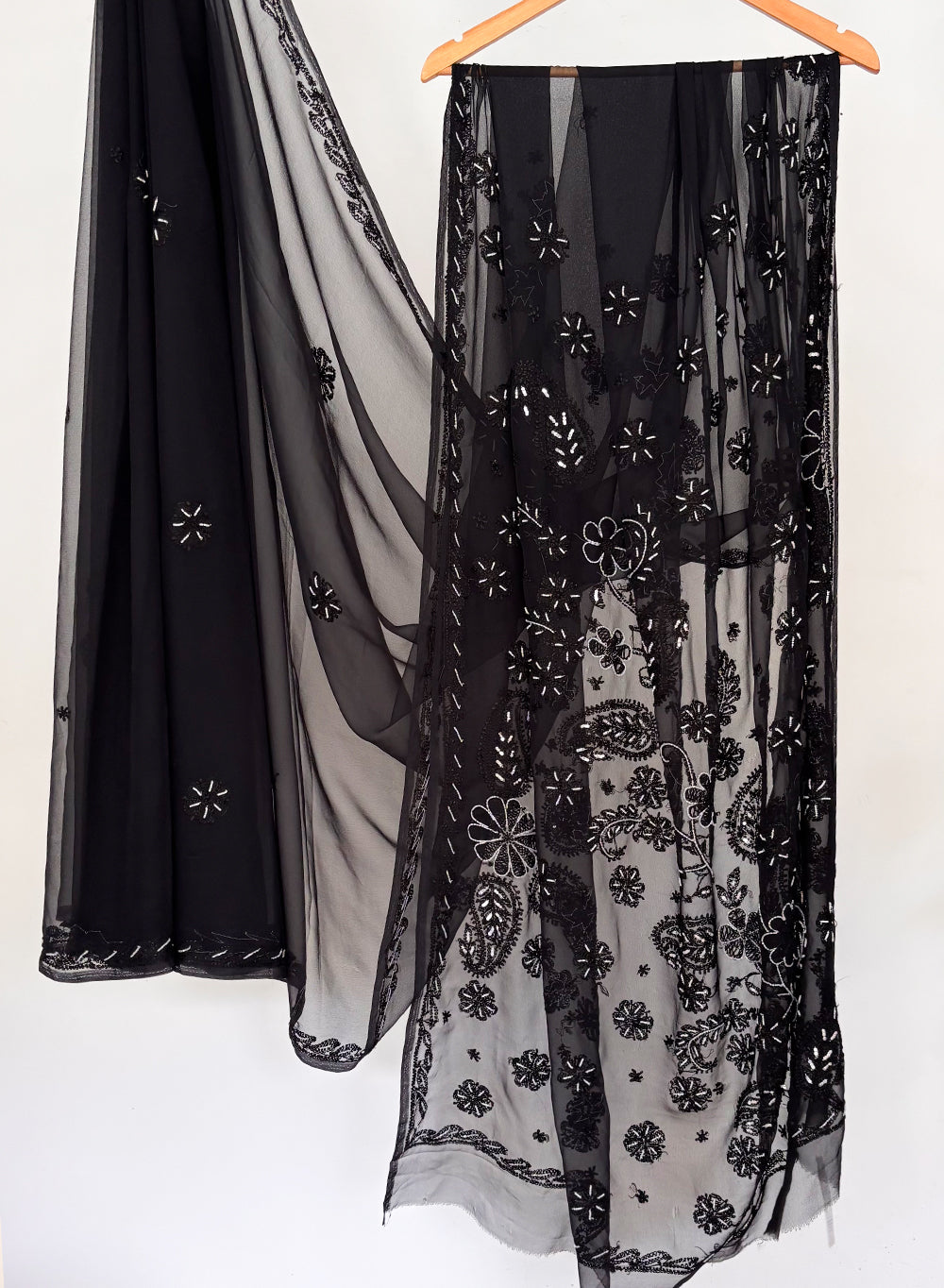 Black Katdana - Aks Georgette Chikankari Saree