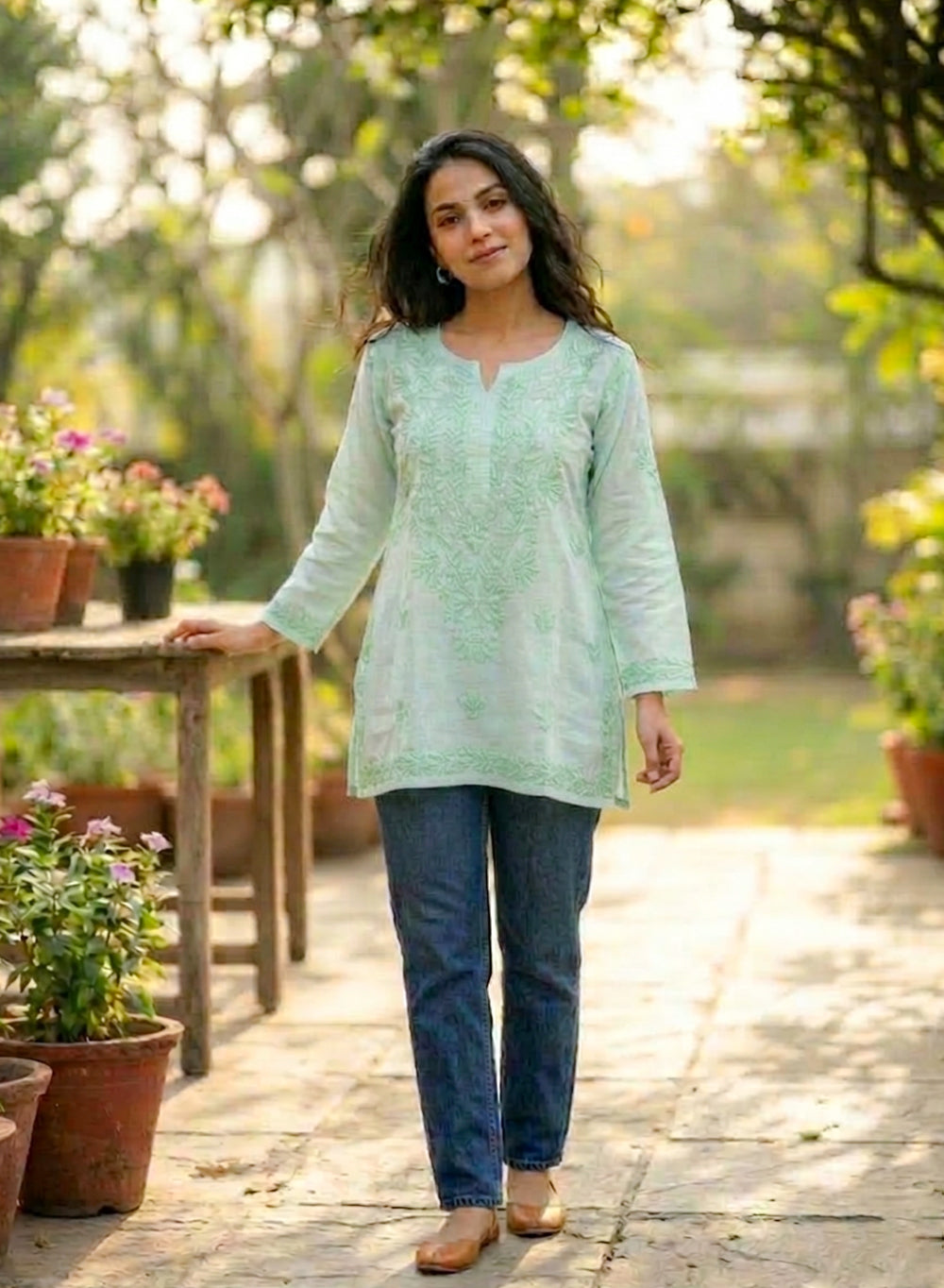 Sea Green - Gulshan Linen Cotton Double Layered Chikankari Short Top