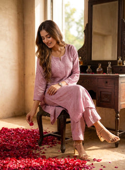 Seher Onion Pink - Nargis Satin Chikankari Kurta & Palazzo Set