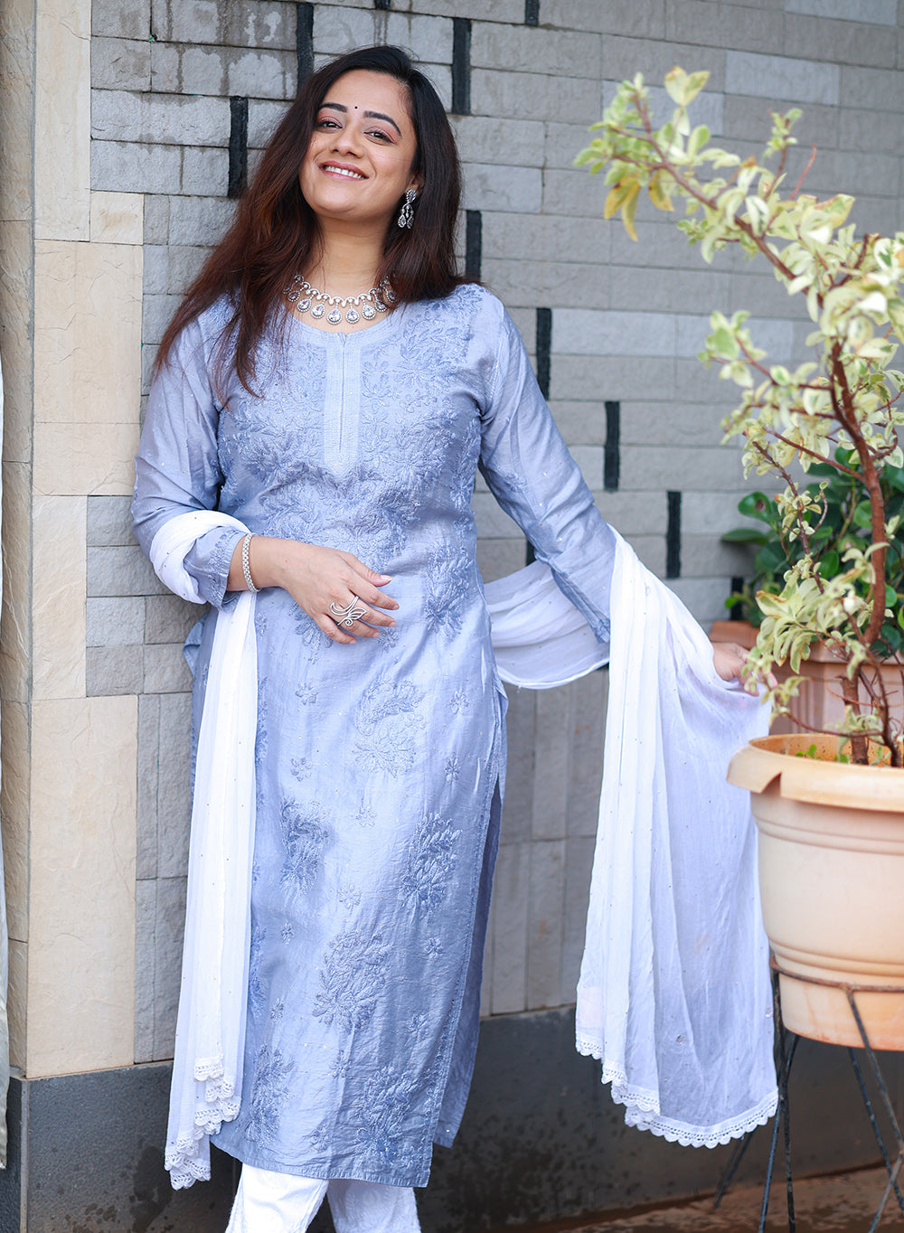 Ice Blue Firdaus - Cotton Chanderi Chikankari Kurta with Sequin