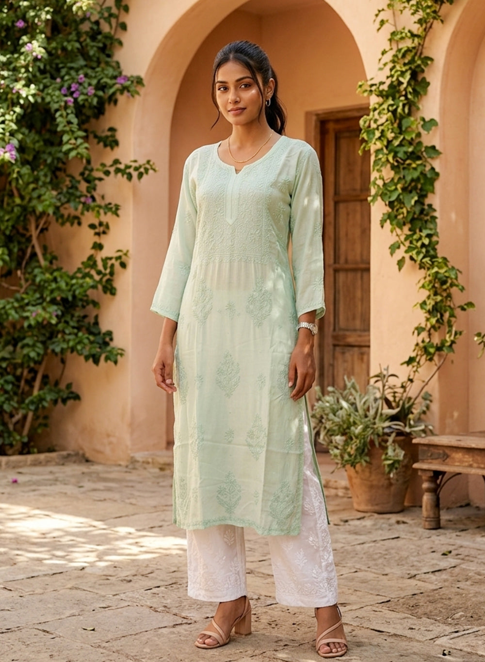 Pista -  Anjuman Muslin Chikankari Kurta With Katdana