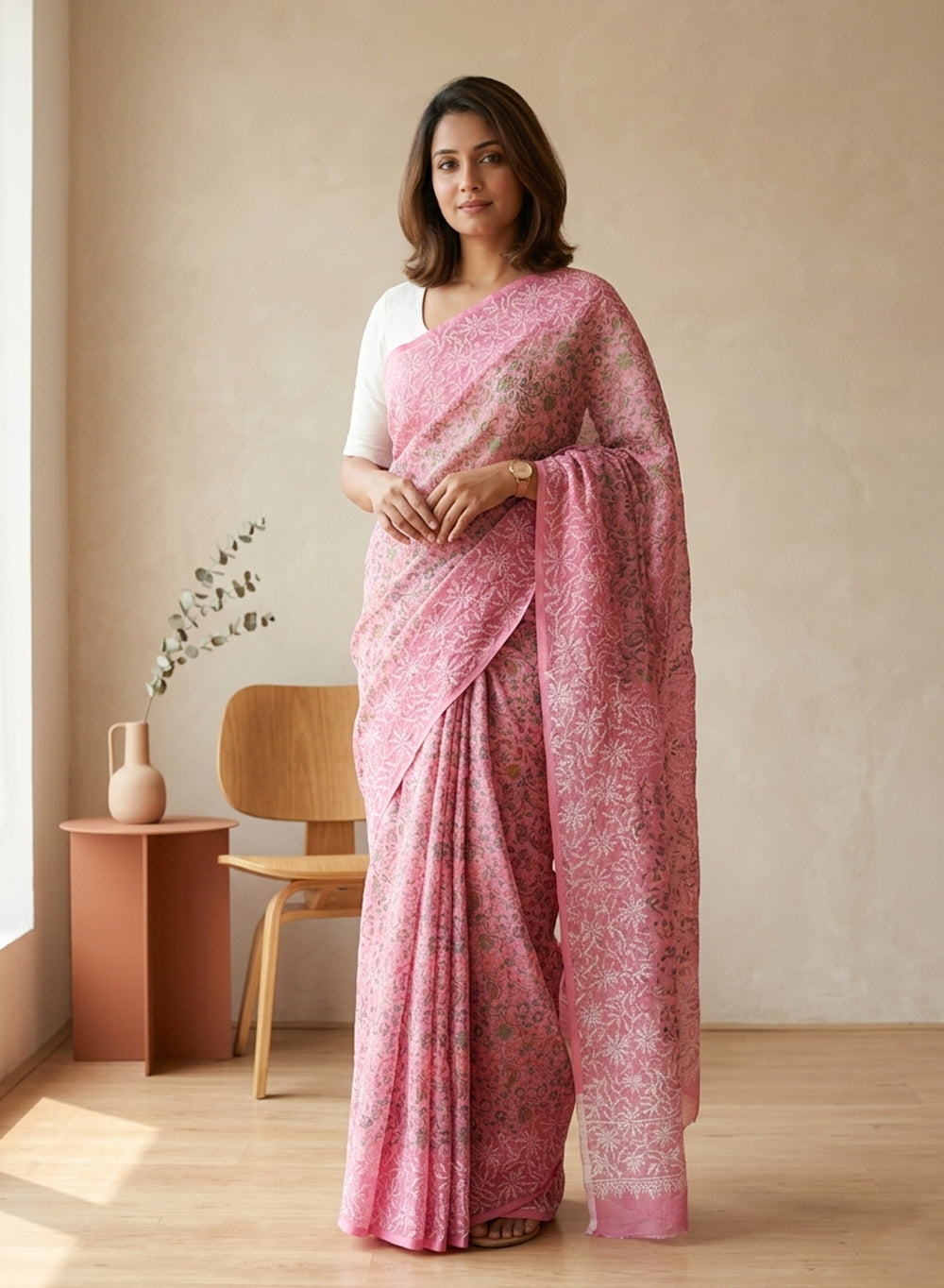 Aparajita Pink - Aks Printed Kota Cotton Chikankari Saree