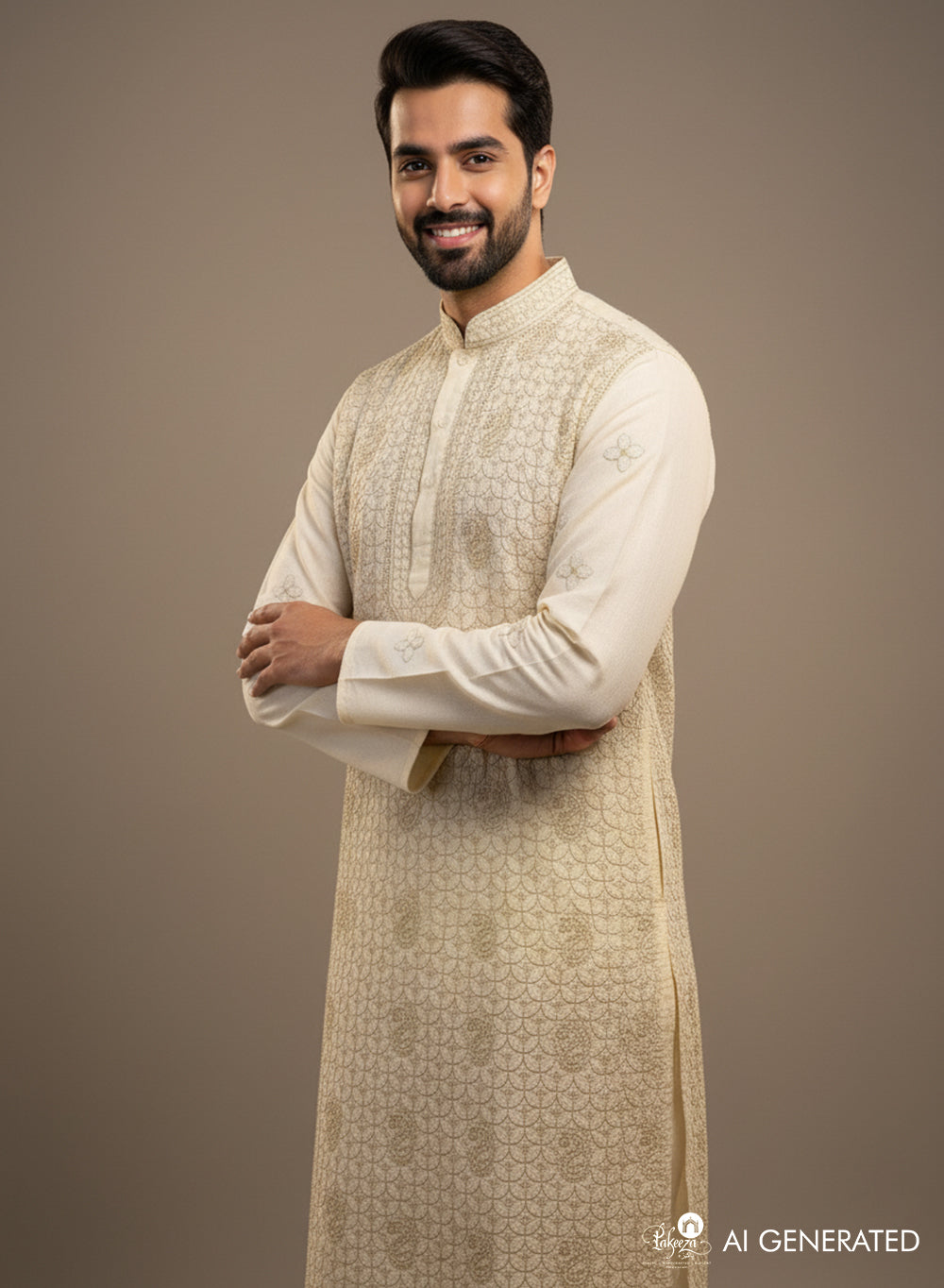 Cream - Nawab Cotton Chikankari Men Long Kurta