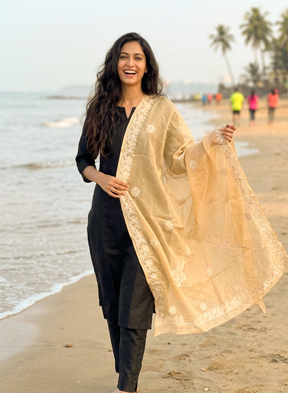 Beige - Nazm Kota Cotton Chikankari Dupatta With White Thread Embroidery