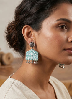 Sea-Green Handcrafted Peaked Fabric Drop Earrings with Oxidized Stud Tops & Ghungroo Clusters