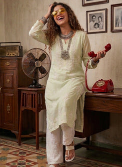 Suhani Light Green - Anjuman Mul Chanderi Chikankari Kurta