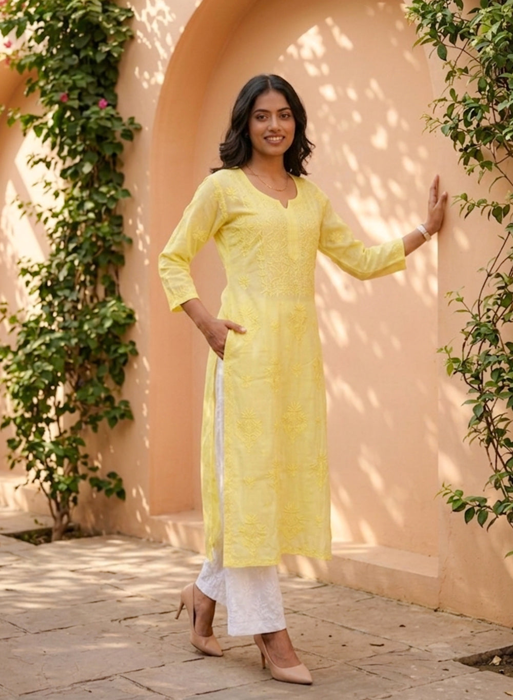 Lemon Yellow -  Anjuman Muslin Chikankari Kurta With Katdana