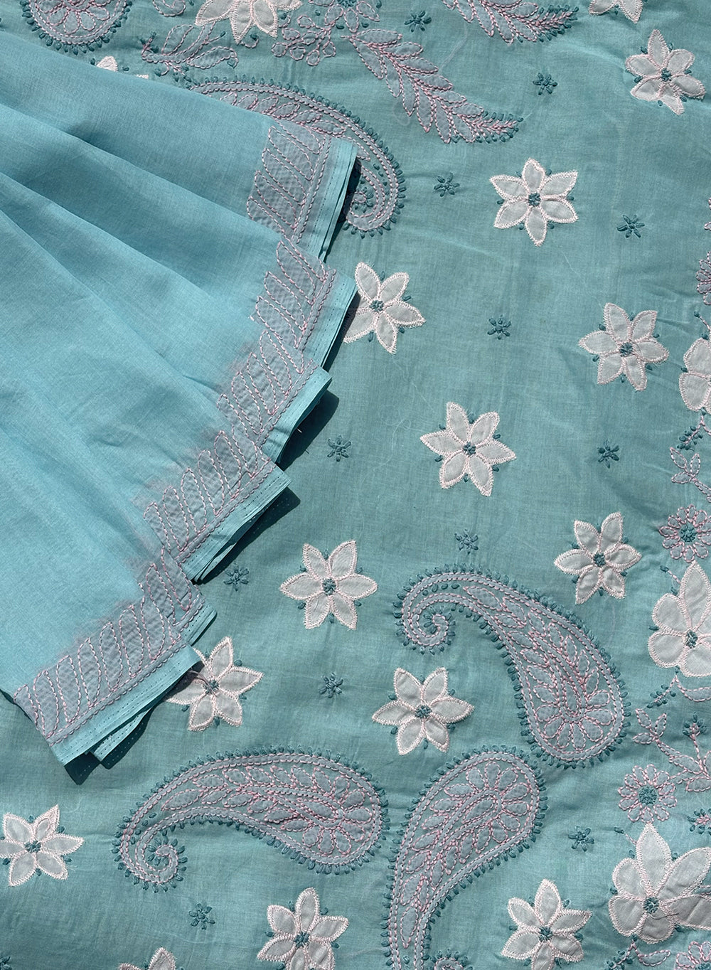 Blue & Pink Applique Work - Aks Cotton Terry Voile Chikankari Saree