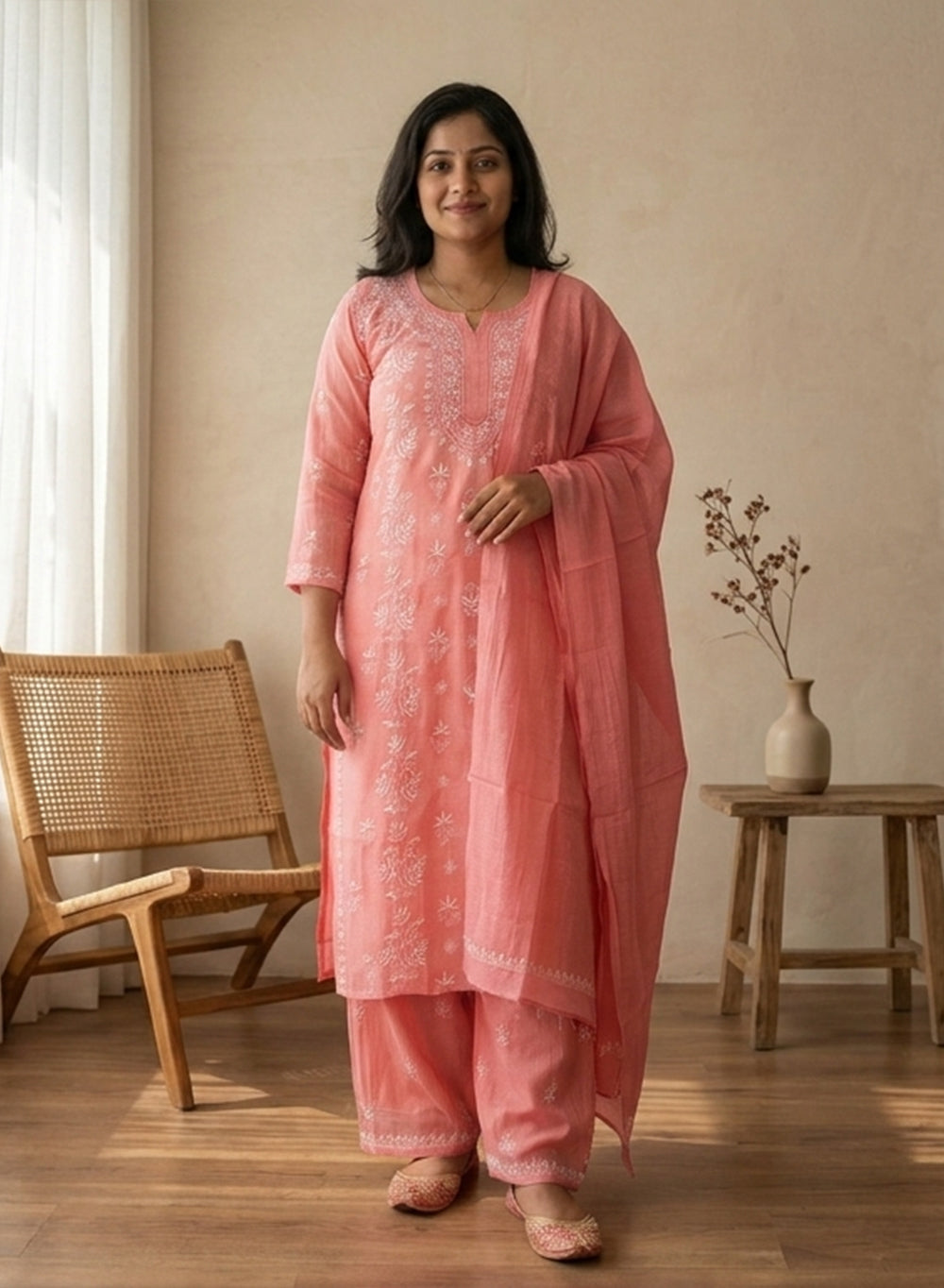 Peach Pink - Mul Chanderi Nargis Chikankari Set