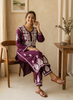 Wine - Modal Nargis Chikankari Co-ords Set With White Thread Embroidery