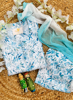 Gulnaar Sky Blue Printed - Cotton Chikankari Kidswear Set