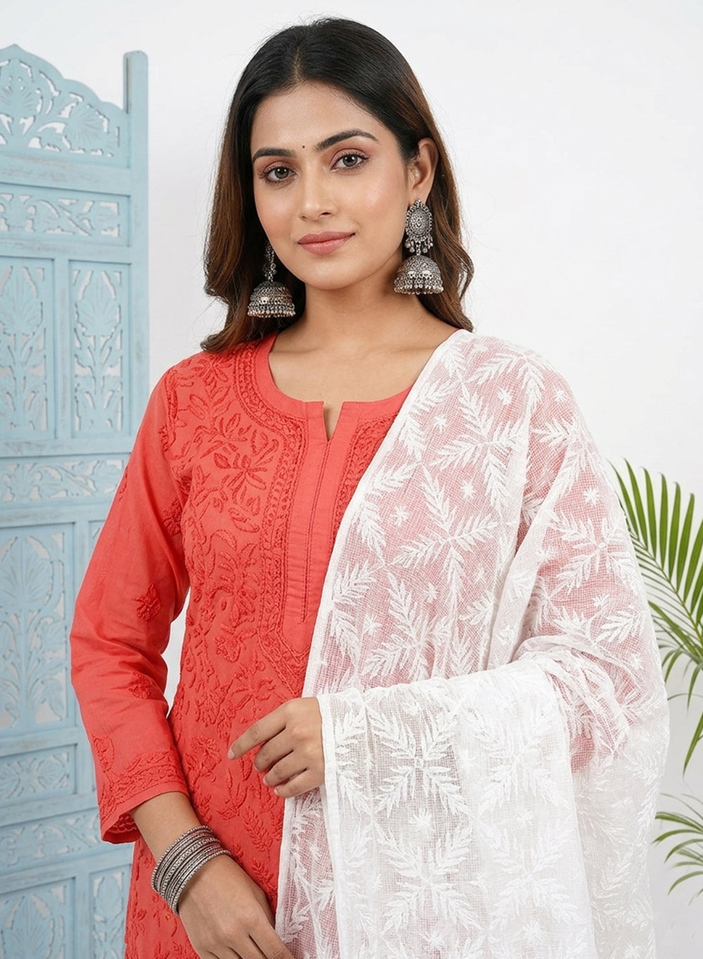 White - Nazm Kota Cotton Chikankari Dupatta With White Thread Embroidery