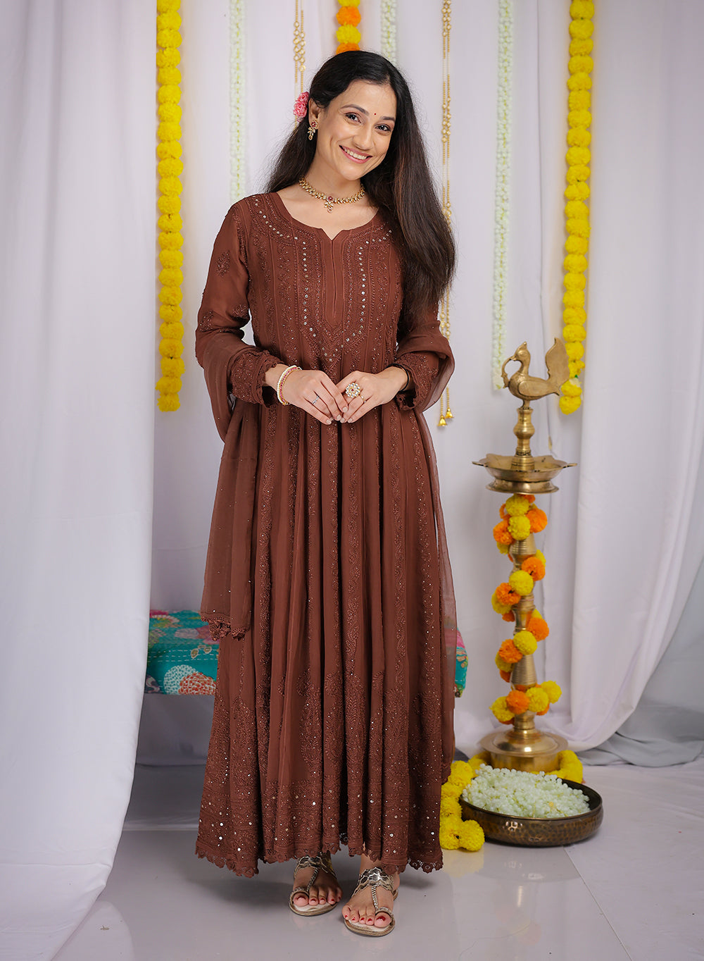 Ibadat Coffee - Viscose Anarkali & Dupatta Nargis Chikankari Set