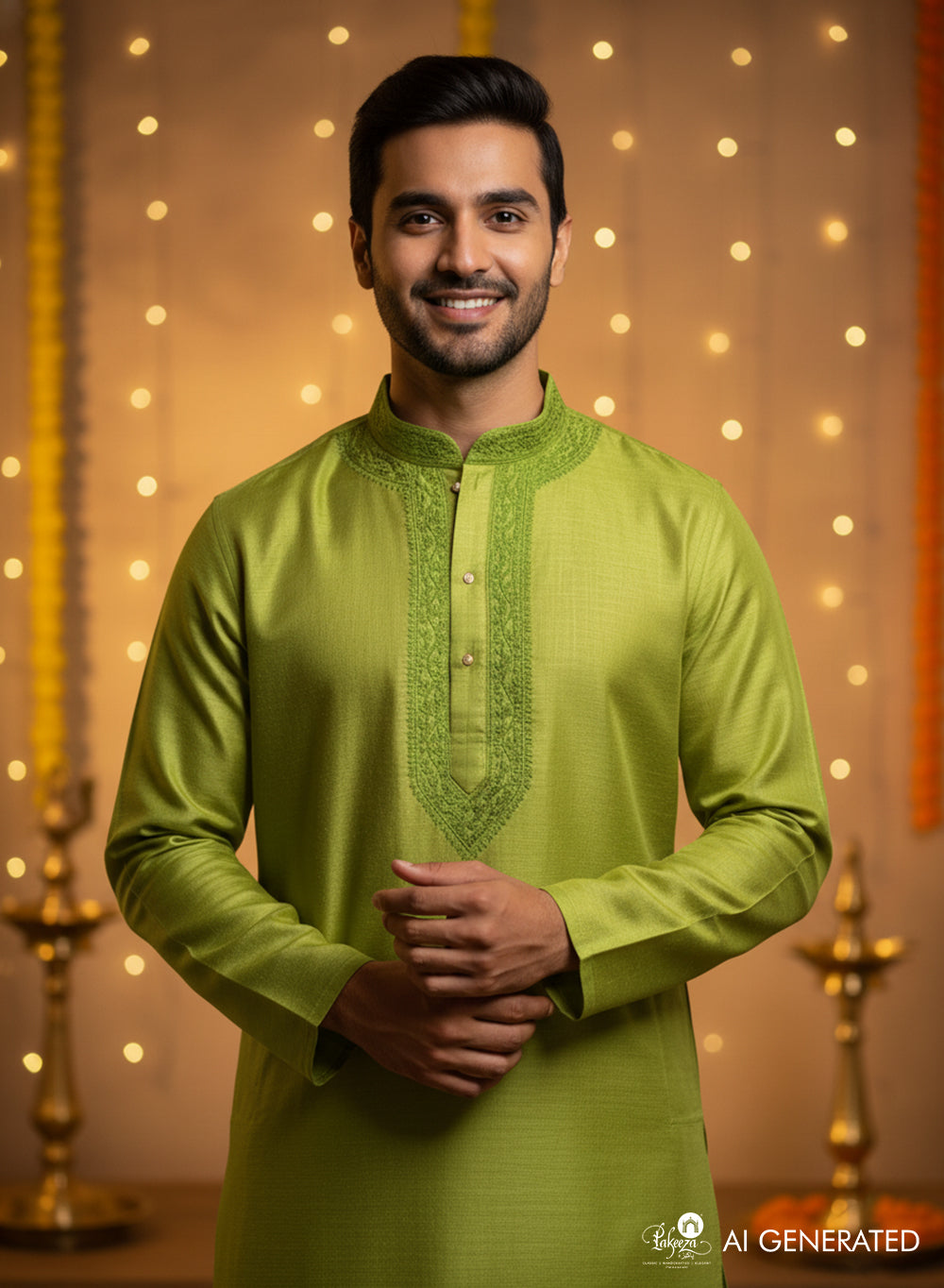 Green - Nawab Cotton  Silk Chikankari Men Long Kurta