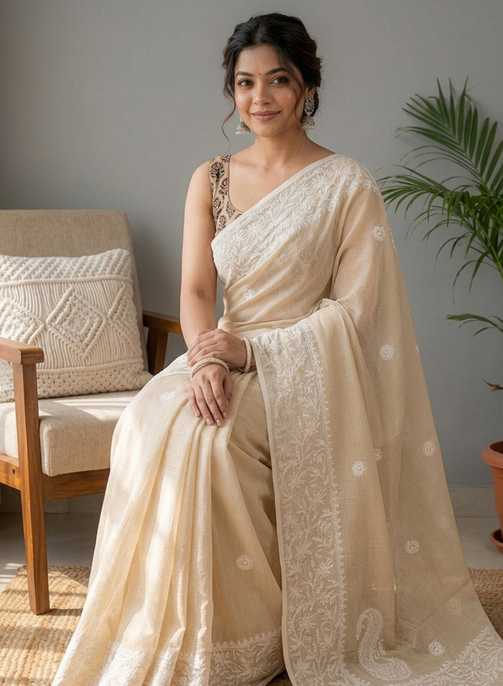 Aparajita Beige - Aks Kota Cotton Chikankari Saree
