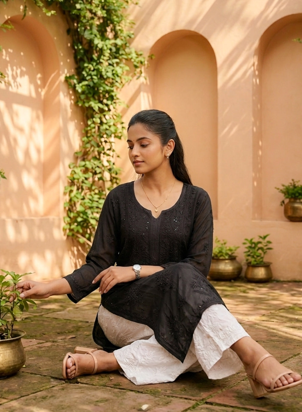 Black -  Anjuman Muslin Chikankari Kurta With Katdana Work