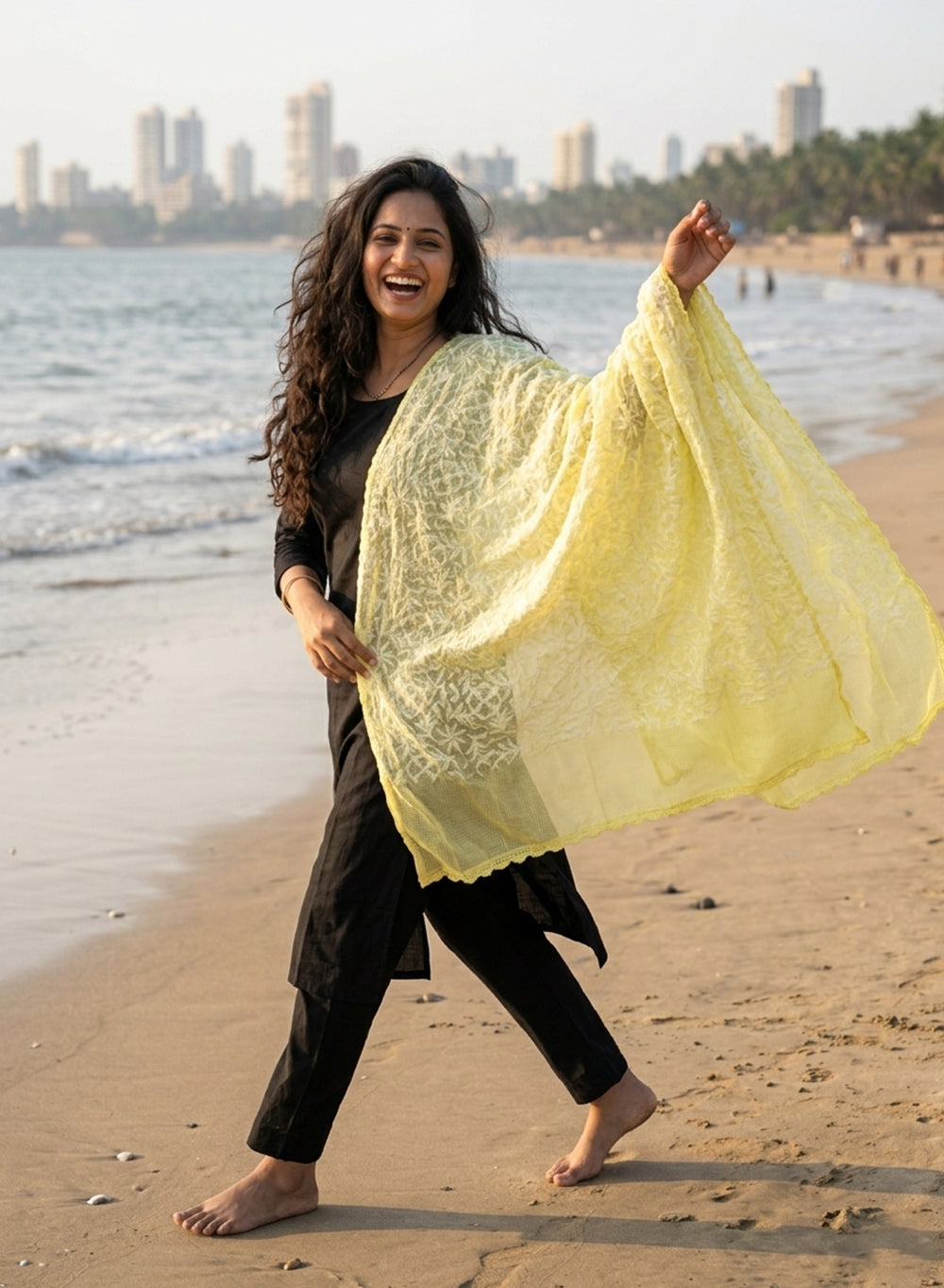 Lime Yellow - Nazm Kota Cotton Chikankari Dupatta With White Thread Embroidery