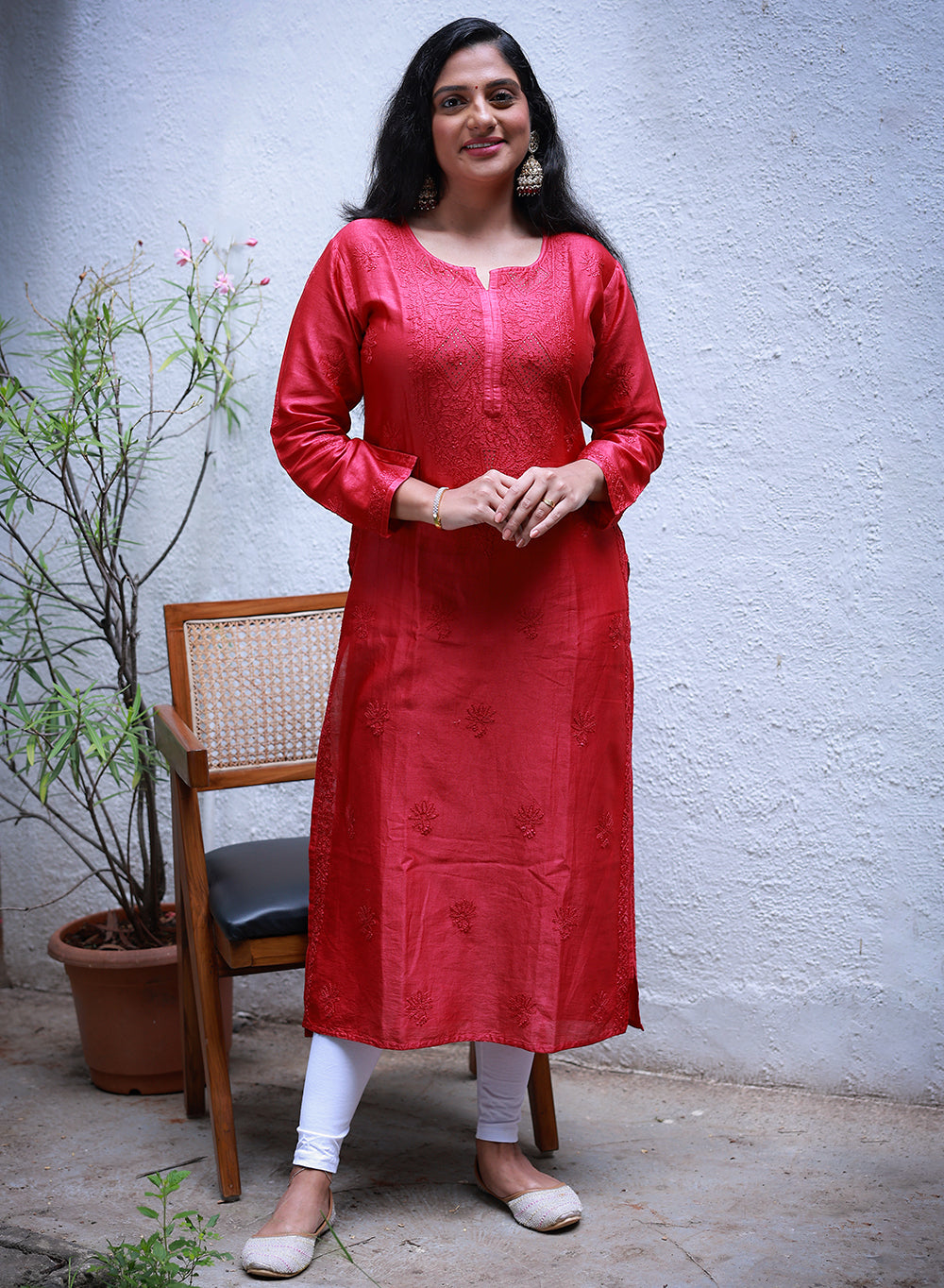 Swara Red - Anjuman Chanderi Cotton Chikankari Kurta