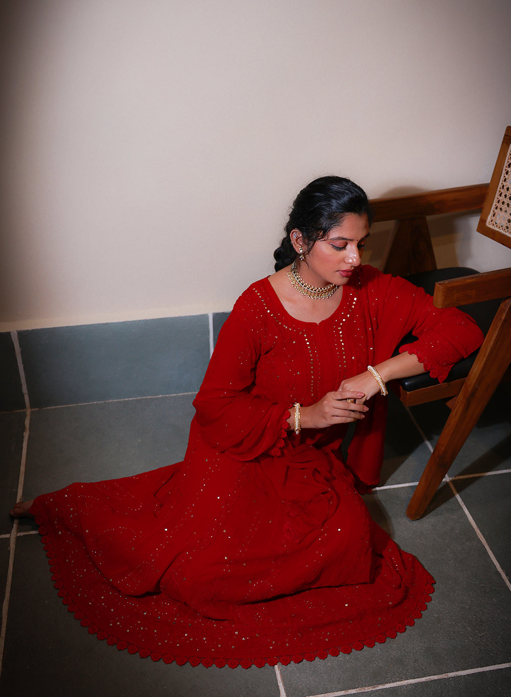 Ibadat Maroon - Viscose Anarkali & Dupatta Nargis Chikankari Set