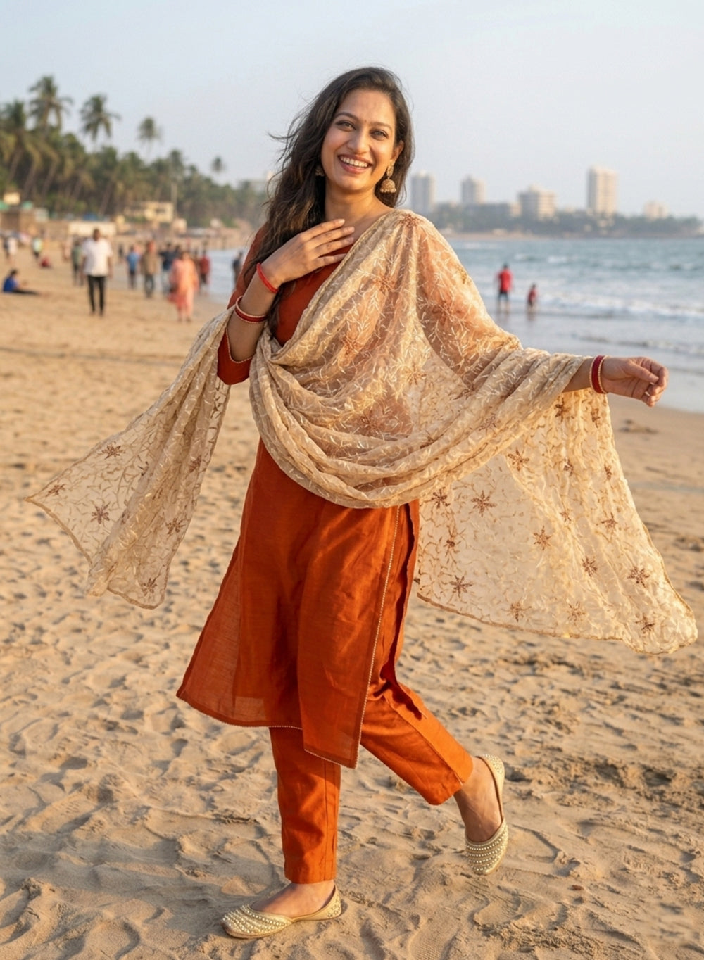 Beige - Nazm Kota Cotton Chikankari Dupatta With Brown Thread Embroidery