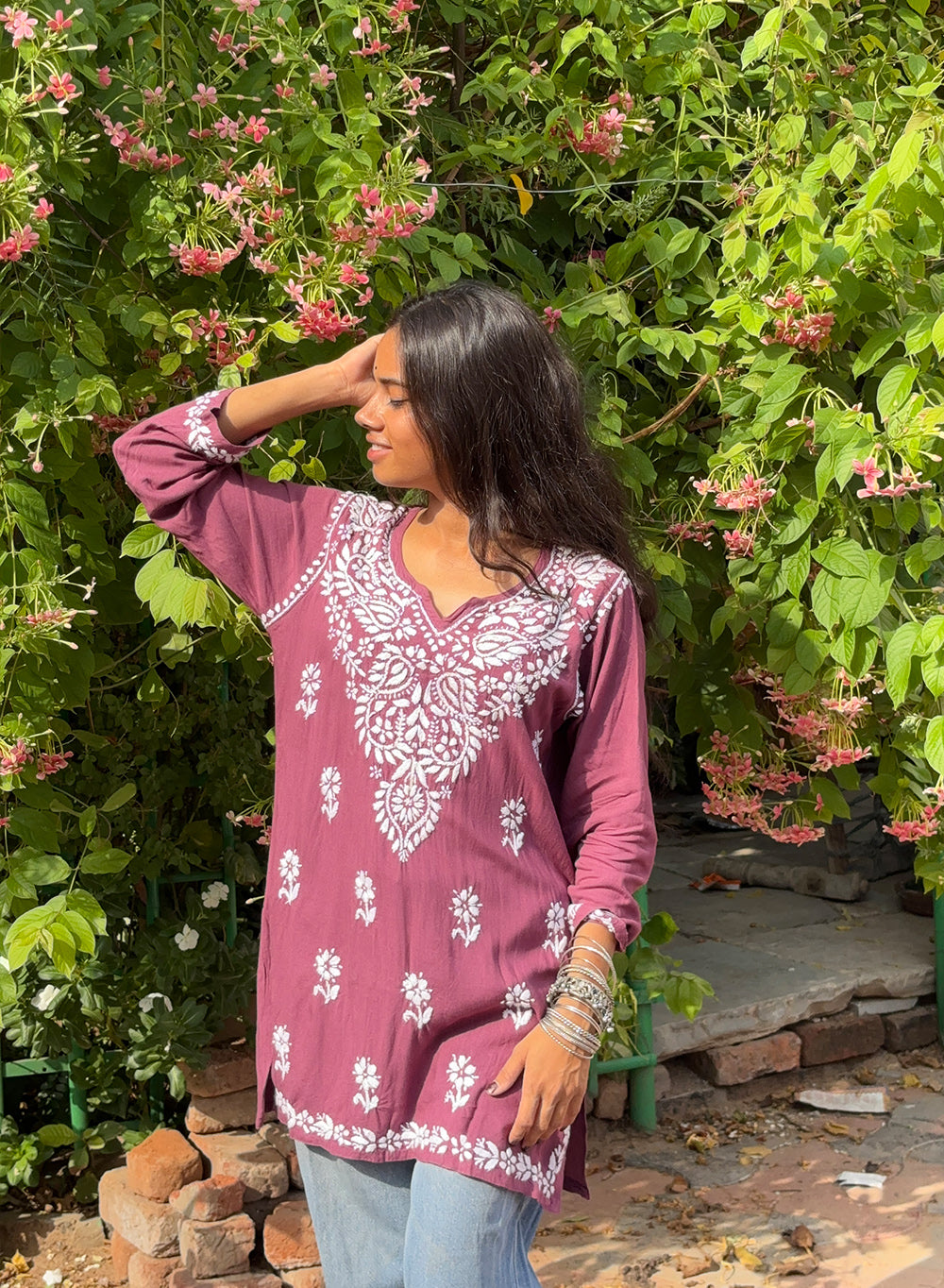 Sabaa Mauve - Rayon Gulshan Chikankari Short Top