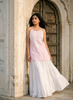 Zoya Pink – Cotton Chikankari Noodle Strap Short Top