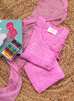 Kuhu Baby Pink - Dobby Cotton Angarakha Style Chikankari Kidswear Set