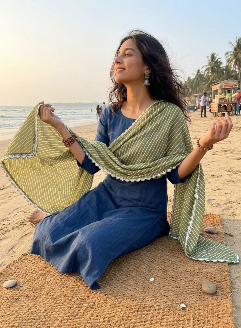 Olive Green Lehariya - Nazm Kota Cotton Chikankari Dupatta with Mukaish Work