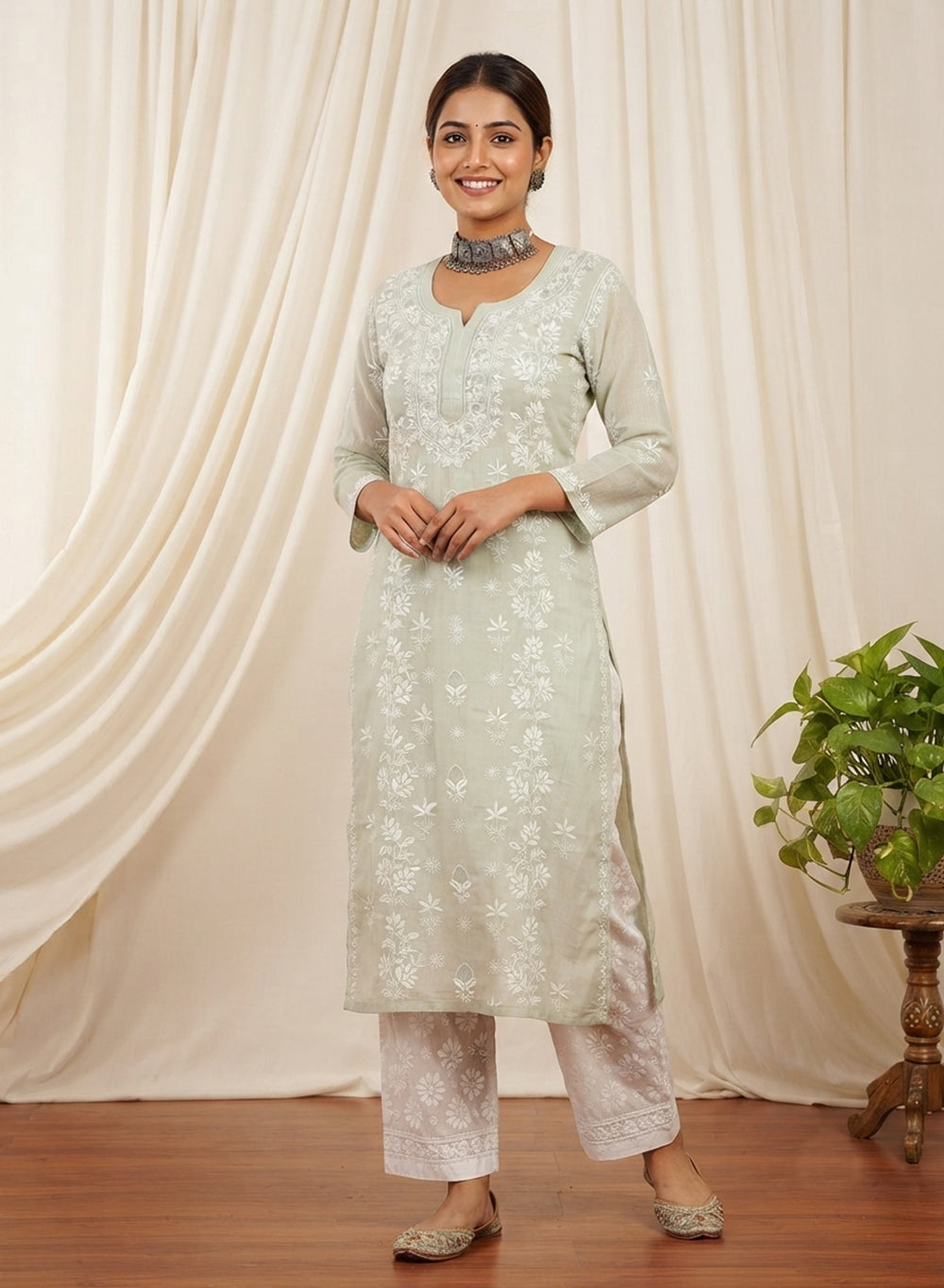 Pista Green - Mul Chanderi Bahaar Chikankari Kurta With Slip & Jaali Work