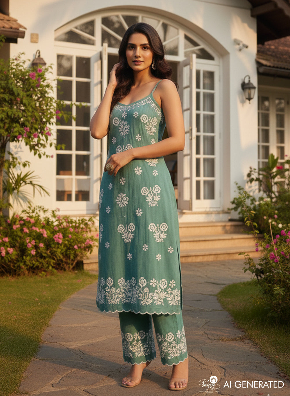 Kala Turquoise - Nargis Chikankari Rayon Noodle Strap Kurta & Palazzo Set