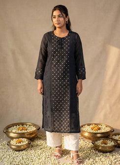Dark Gray - Anjuman Mul Chanderi Brocade Chikankari Kurta With Slip