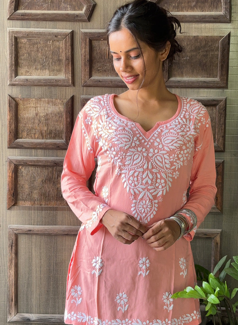 Sabaa Peach - Rayon Gulshan Chikankari Chikankari Short Top
